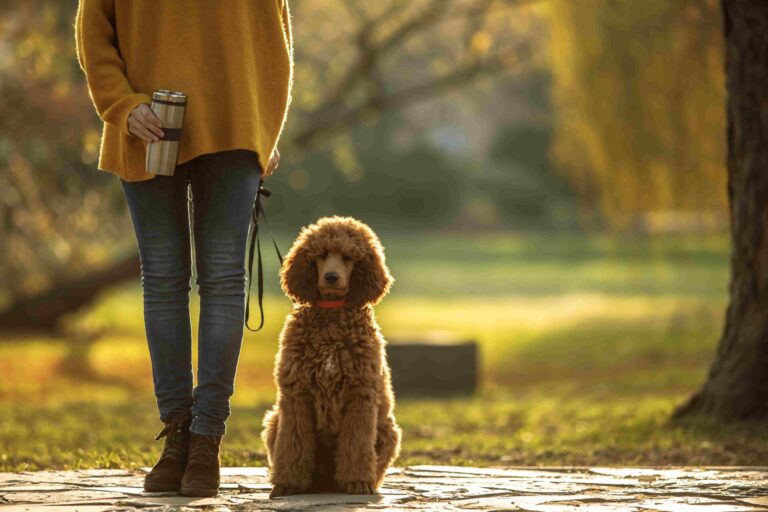 Frau mit Thermobecher in der Hand und neben ihr sitzendem Pudel an der Leine im Herbst.