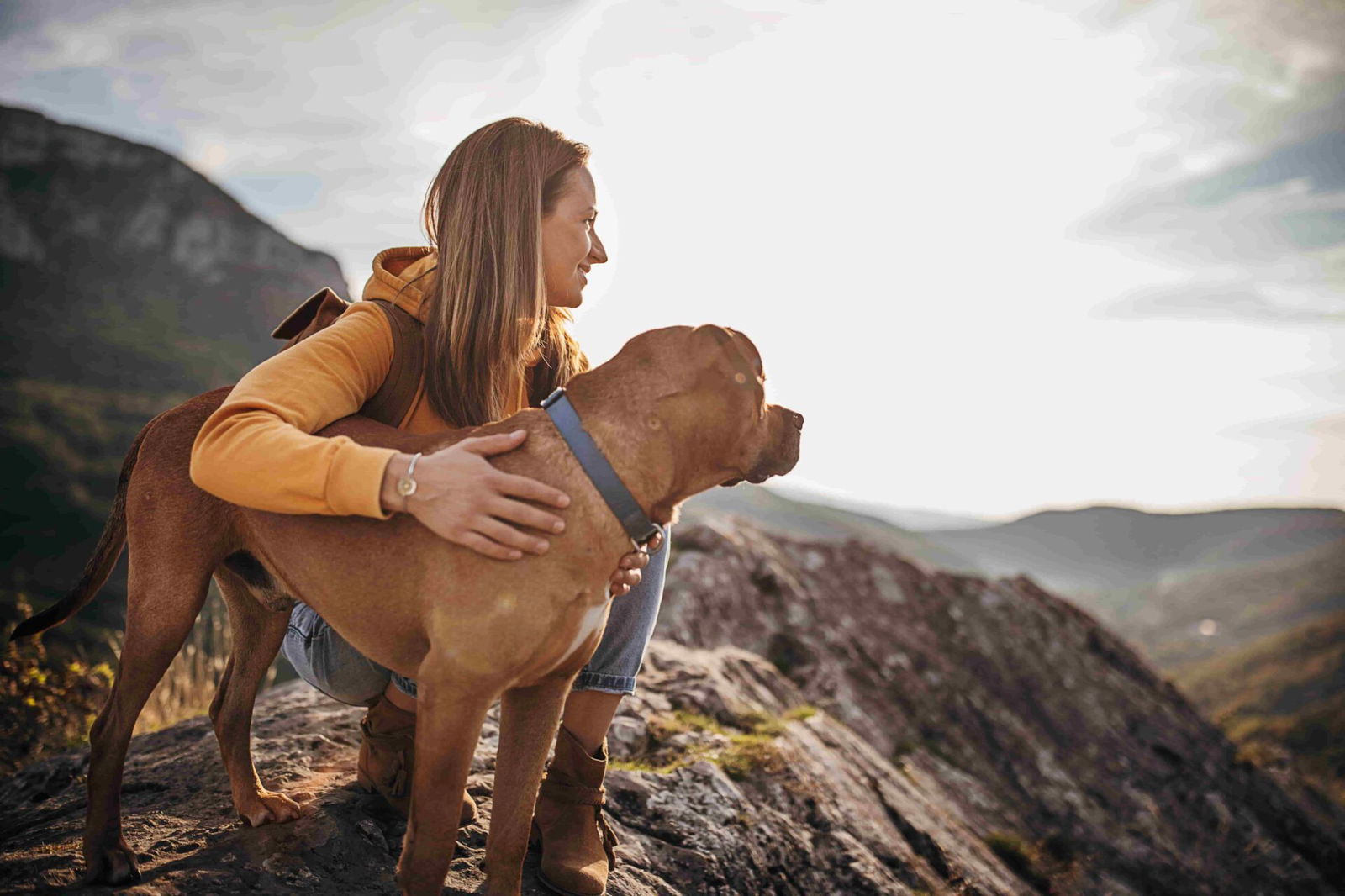 Eine Frau mit Rucksack mit ihrem braunen Pitbull am Berg.